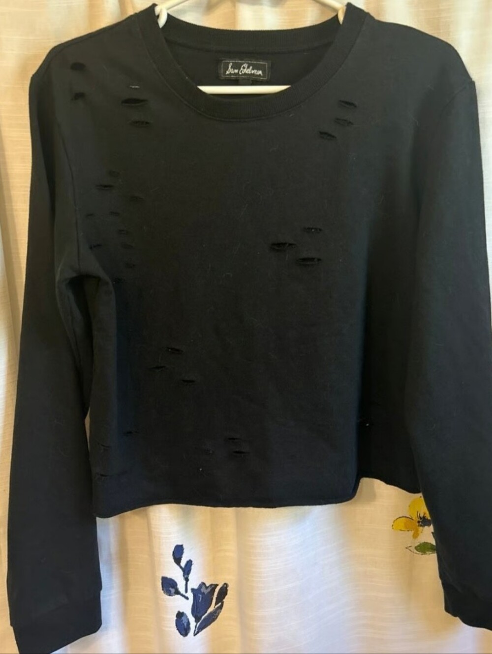 Sam Edelman CROPPED DISTRESSED CREWNECK SWEATSHIRT/Black Raw Hemline Women Sz M